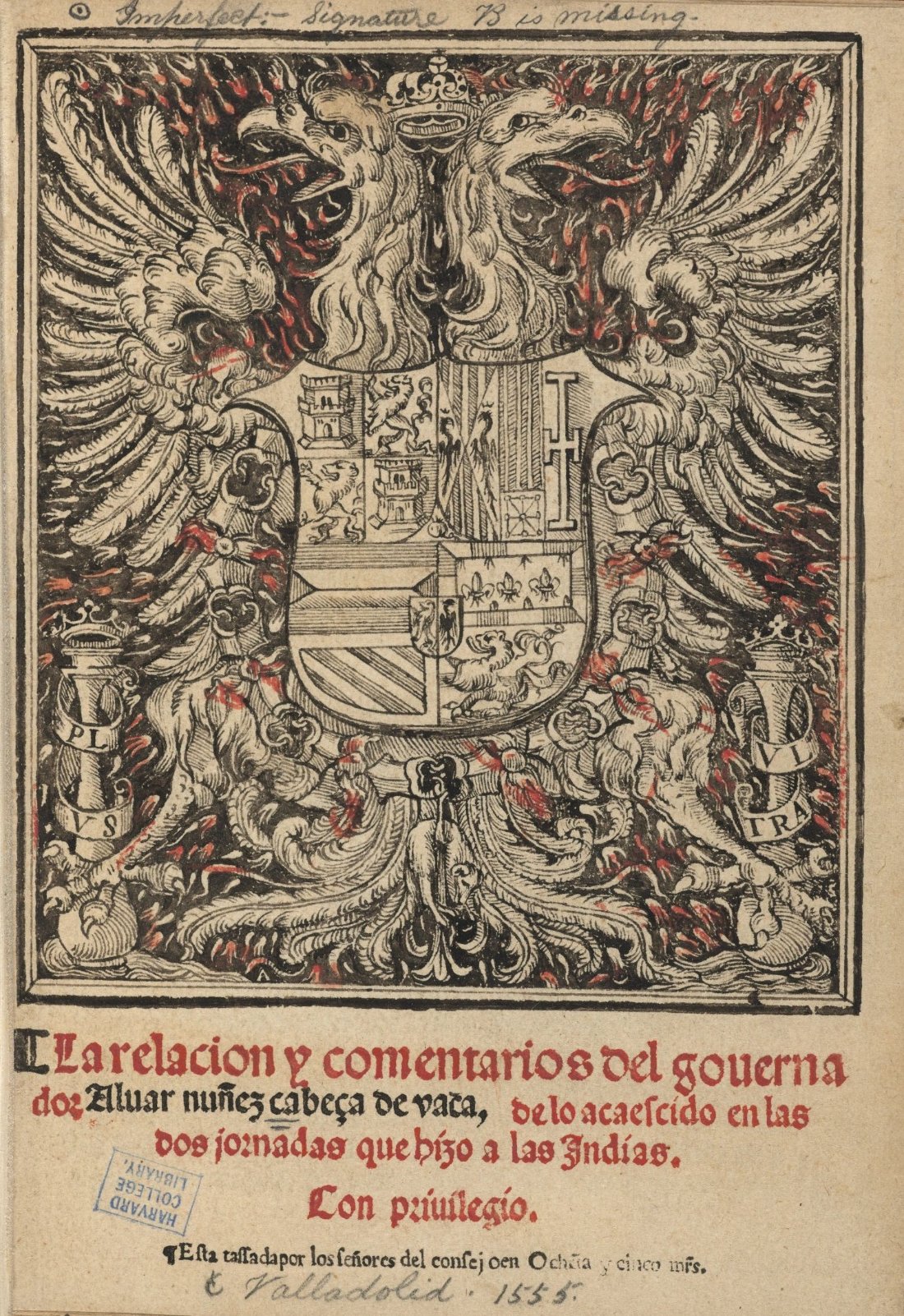 Portada de la edición de 1555 de La relación y comentarios de Álvar Núñez Cabeza de Vaca